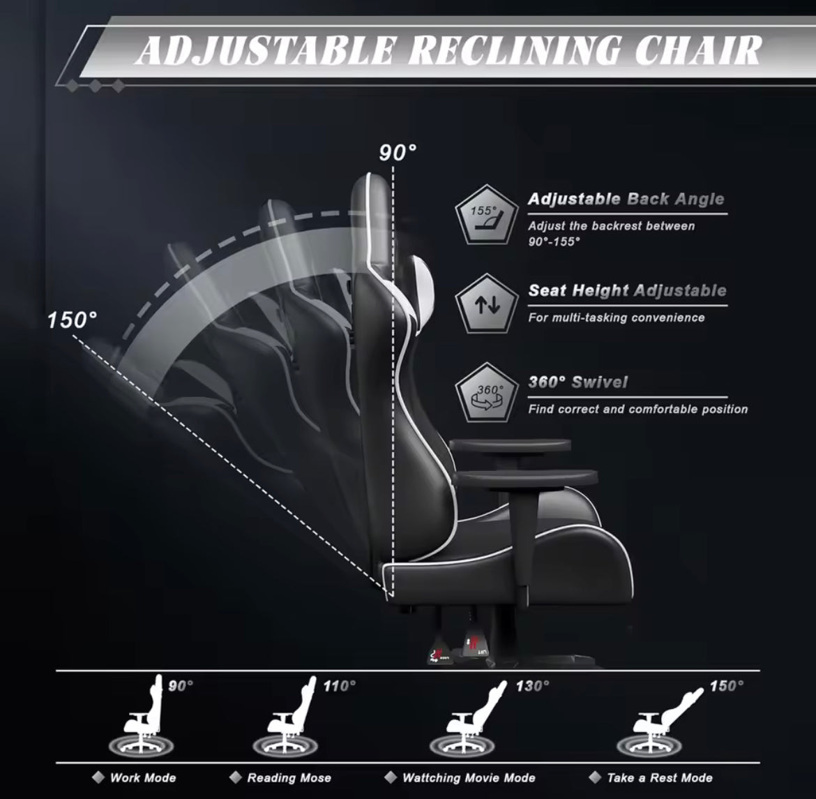 Bigzzia-Chaise de Gaming Ergonomique avec Coussin Lombaire, Repose-Sauna, Réglable, pour Ordinateur et Bureau