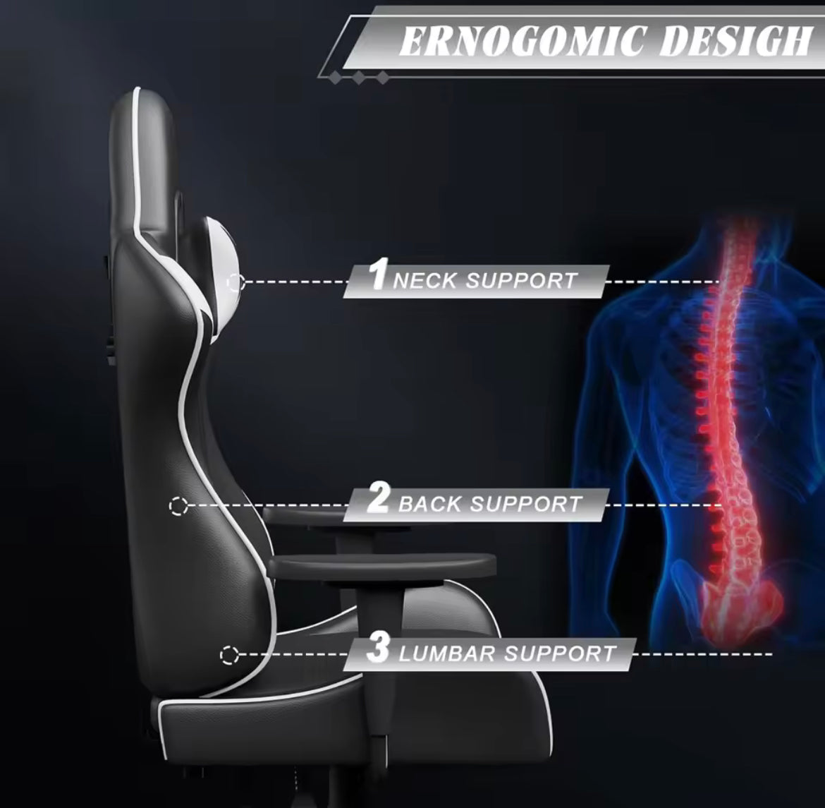 Bigzzia-Chaise de Gaming Ergonomique avec Coussin Lombaire, Repose-Sauna, Réglable, pour Ordinateur et Bureau