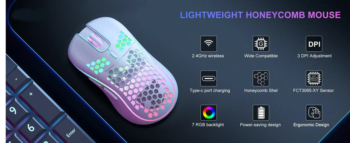 2.4G Wireless Gaming Mouse RGB Lighting Charging Mouse with Adjustable DPI Ergonomic Honeycomb Design for Desktop Laptop