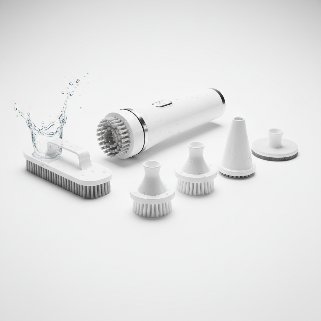 Image réaliste de ma brosse électrique de nettoyage multifonction EUTIZ STORE, blanche, design moderne, têtes interchangeables visibles, effet d’eau léger, fond blanc, style e-commerce premium, haute qualité.